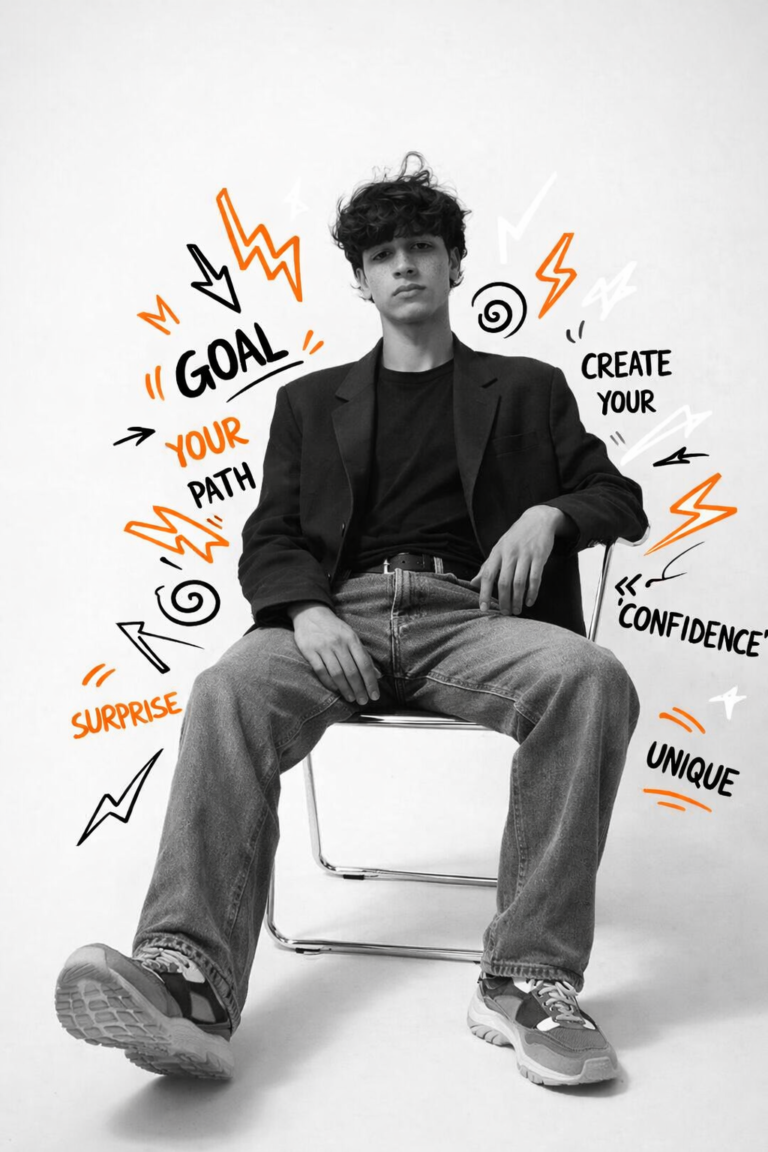 . A man sitting on a chair surrounded by words and a goal, representing a digital marketing course in Kerala.